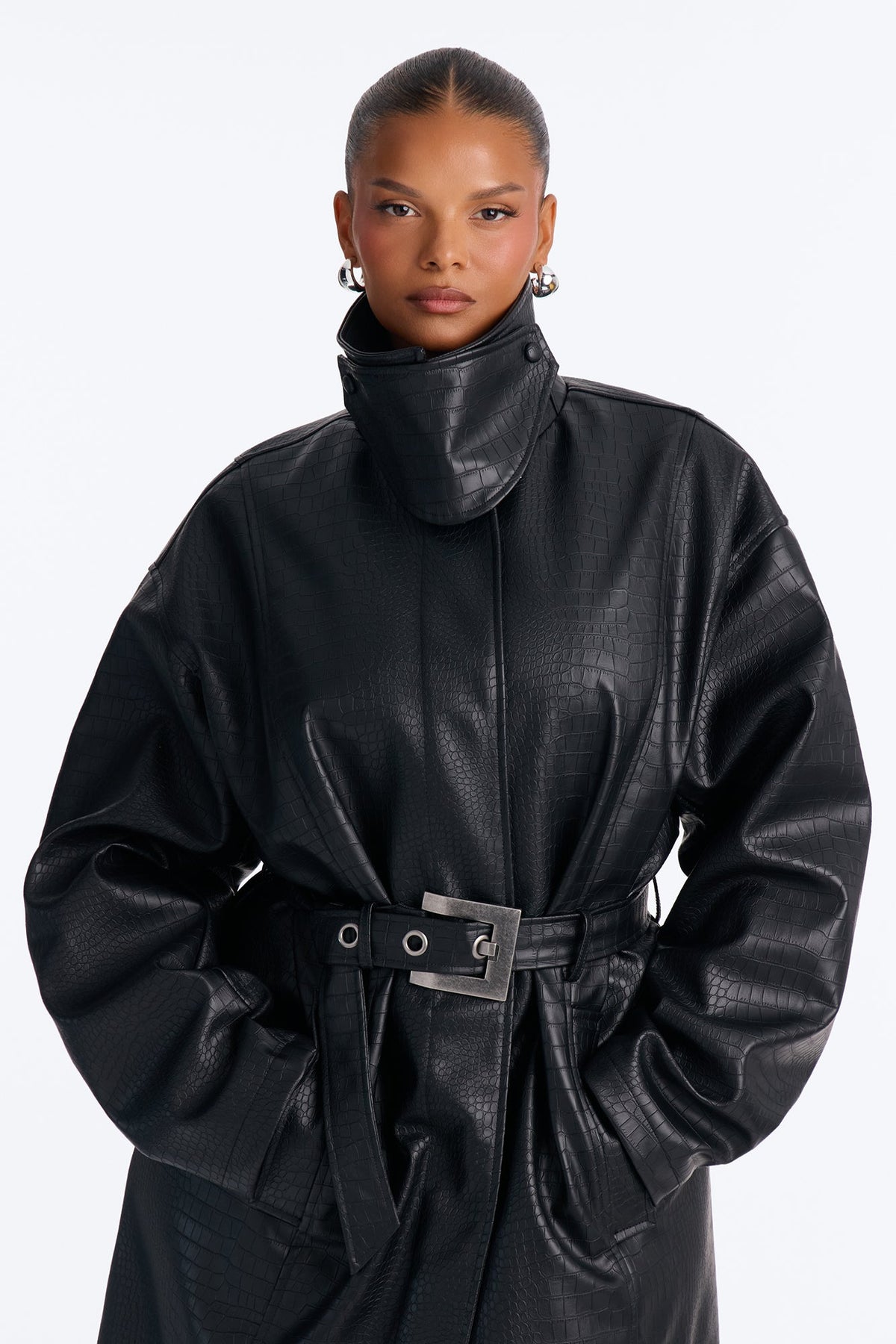Kim Faux Leather Embossed Belted Maxi Trench Coat - Black