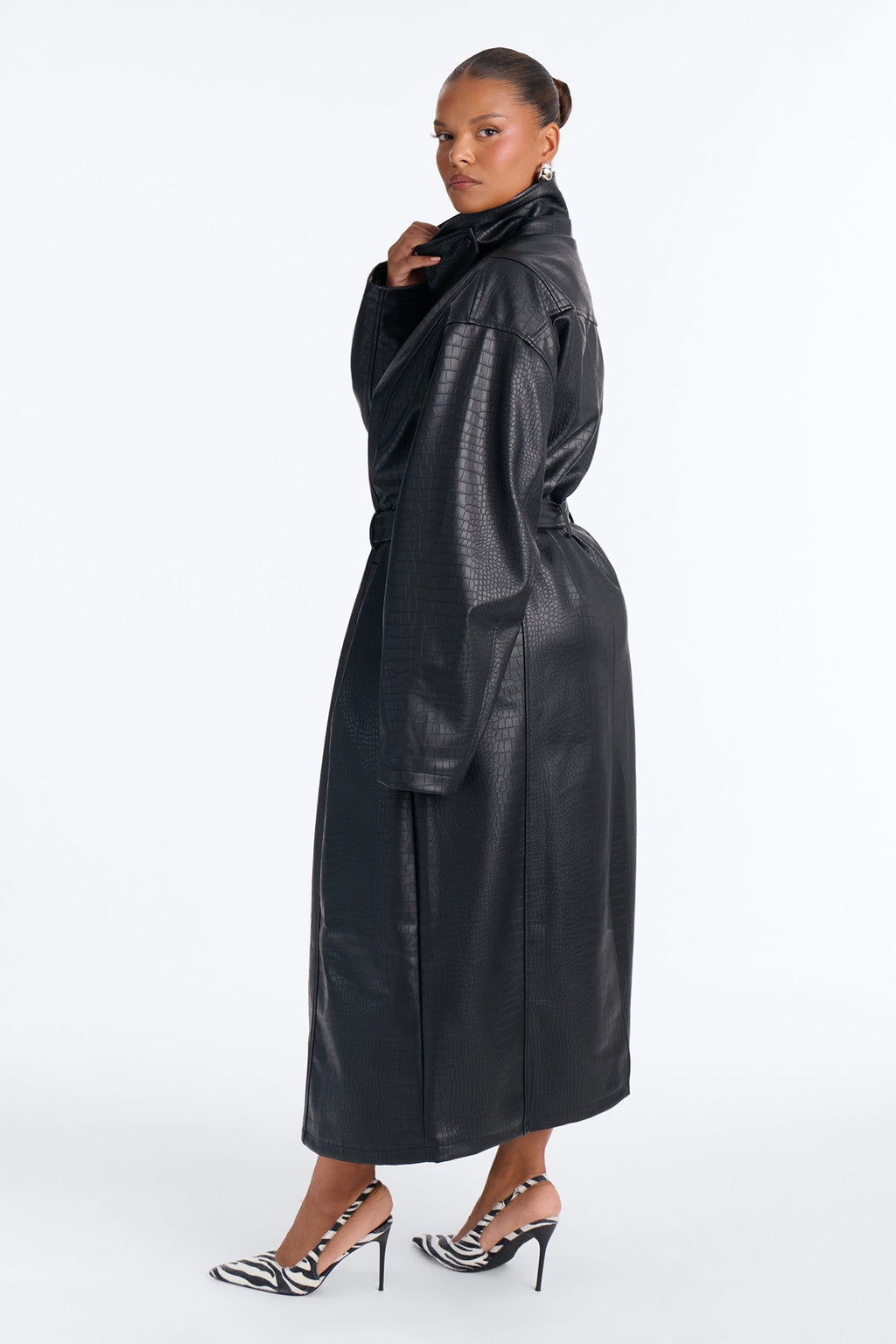 Kim Faux Leather Embossed Belted Maxi Trench Coat - Black