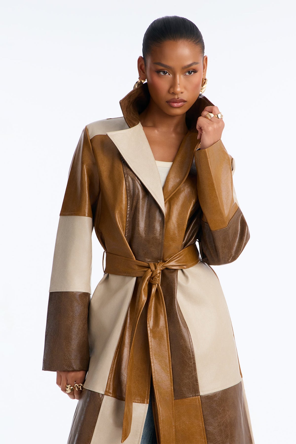 Cassie Colorblock Faux Leather Long Sleeve Coat - Brown/combo