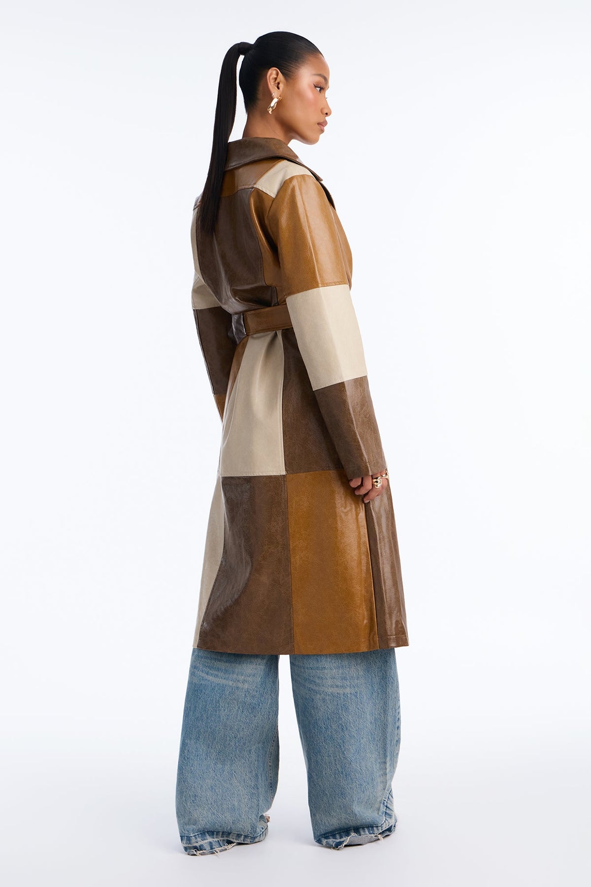 Cassie Colorblock Faux Leather Long Sleeve Coat - Brown/combo