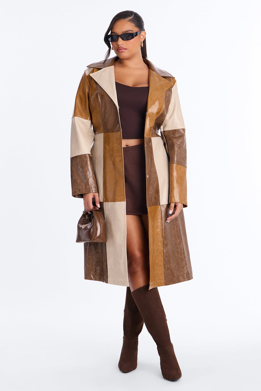Cassie Colorblock Faux Leather Long Sleeve Coat - Brown/combo