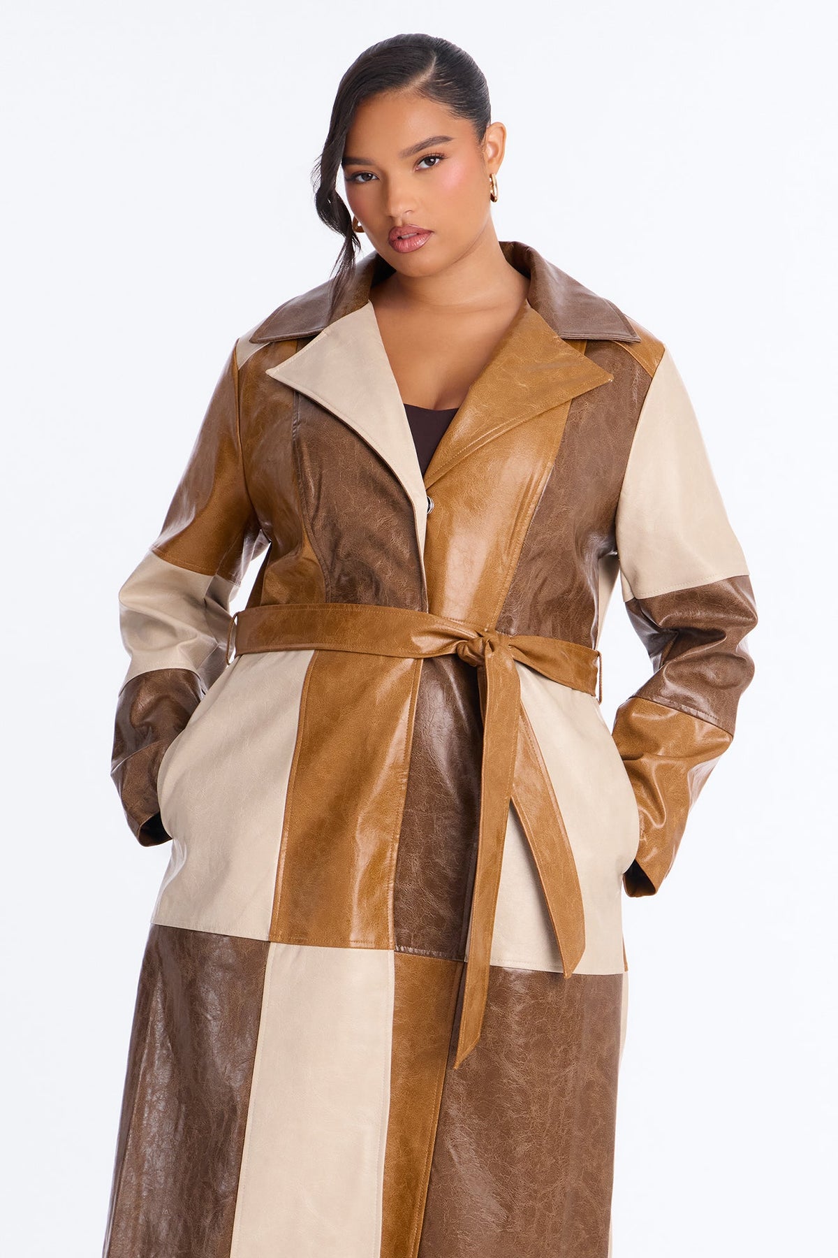 Cassie Colorblock Faux Leather Long Sleeve Coat - Brown/combo