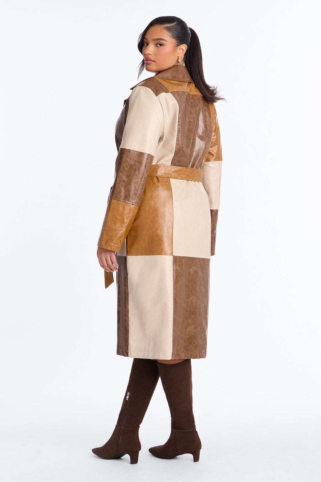 Cassie Colorblock Faux Leather Long Sleeve Coat - Brown/combo
