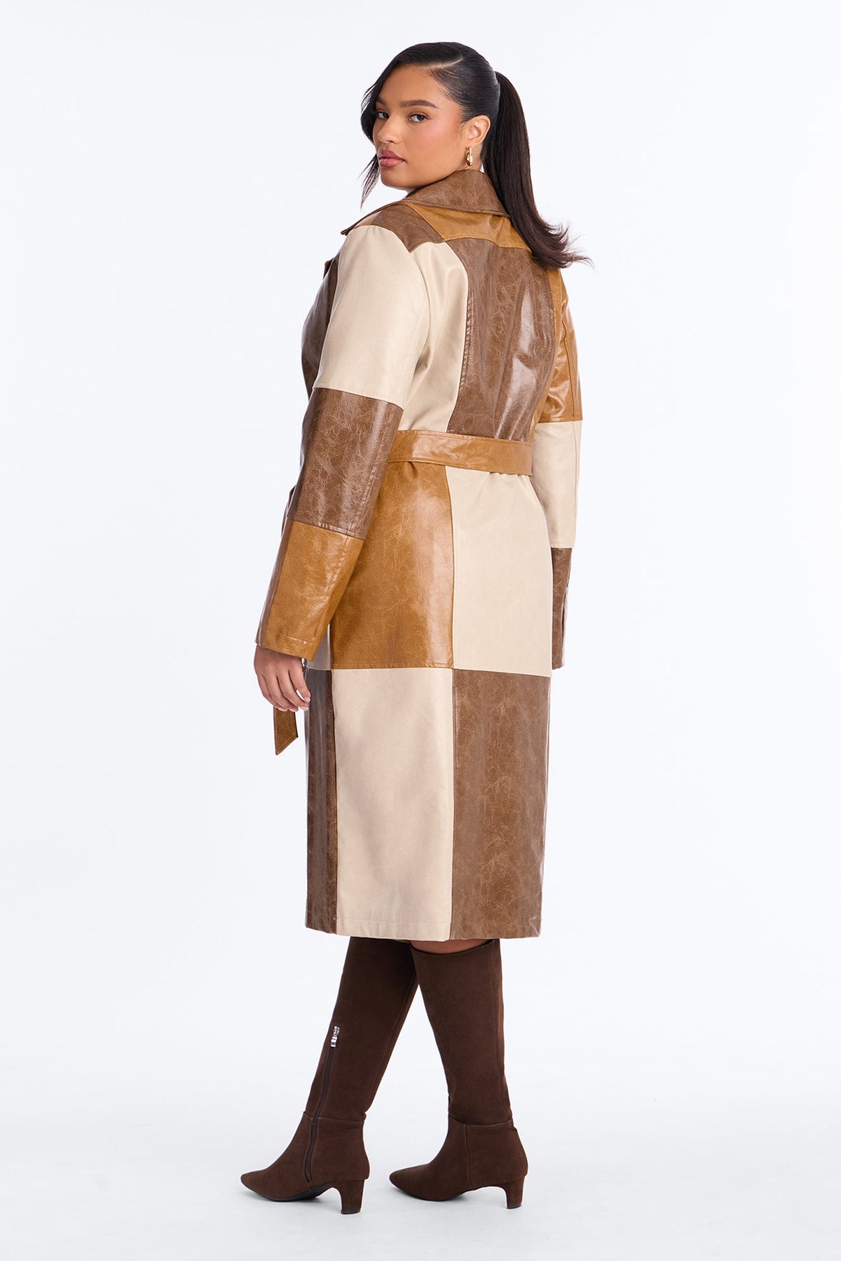 Cassie Colorblock Faux Leather Long Sleeve Coat - Brown/combo