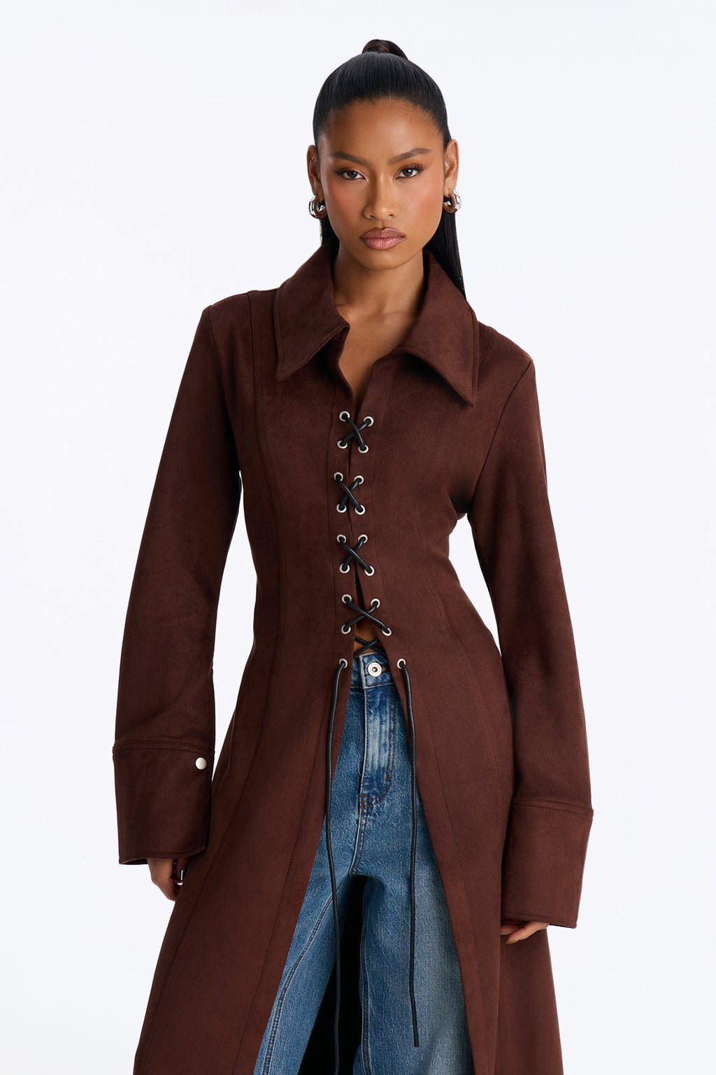 Showstopper Lace Up Faux Suede Maxi Coat - Chocolate