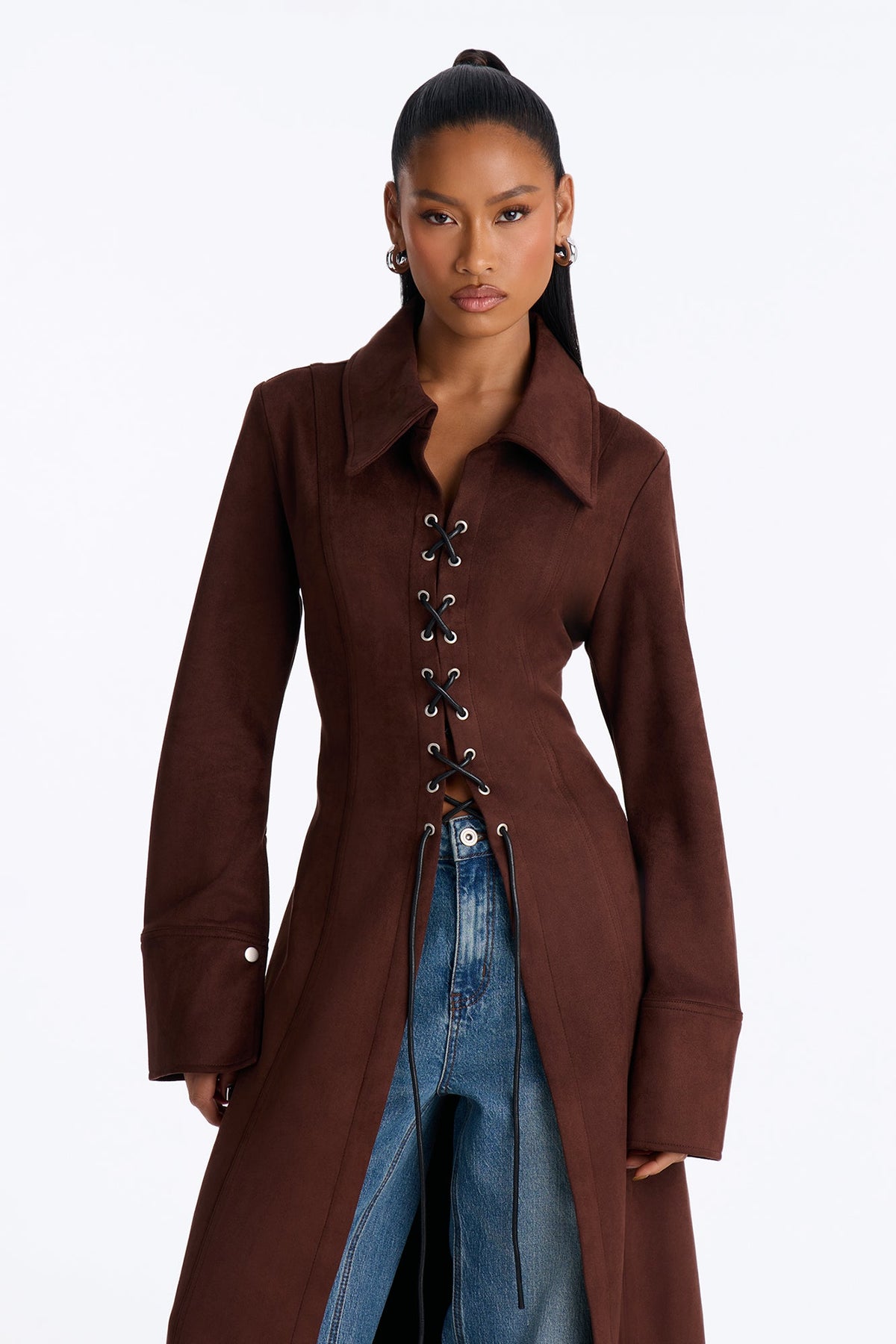 Showstopper Lace Up Faux Suede Maxi Coat - Chocolate