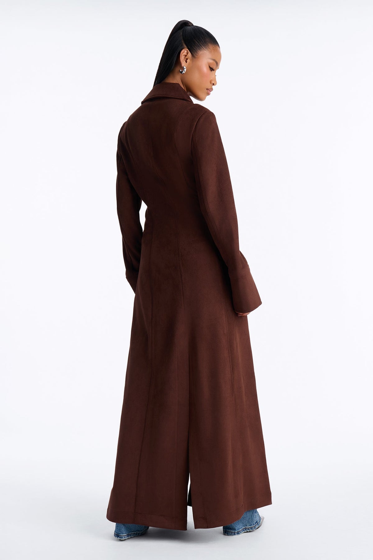 Showstopper Lace Up Faux Suede Maxi Coat - Chocolate