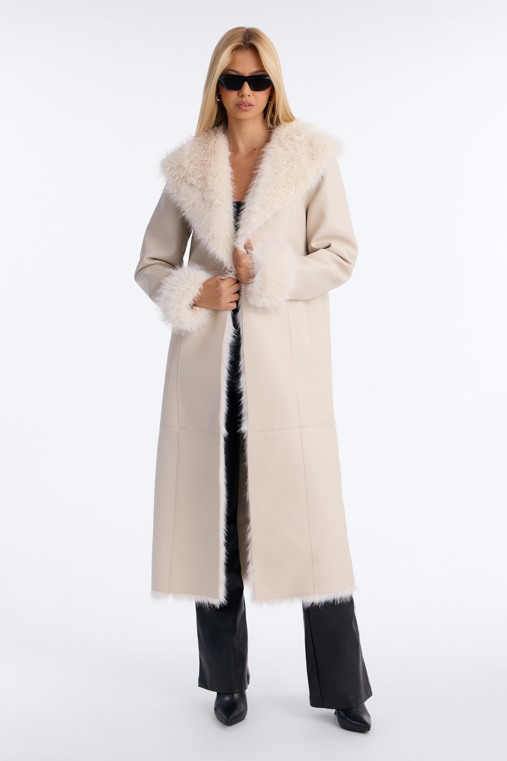 Isa Fur Lined Faux Leather Coat - Stone