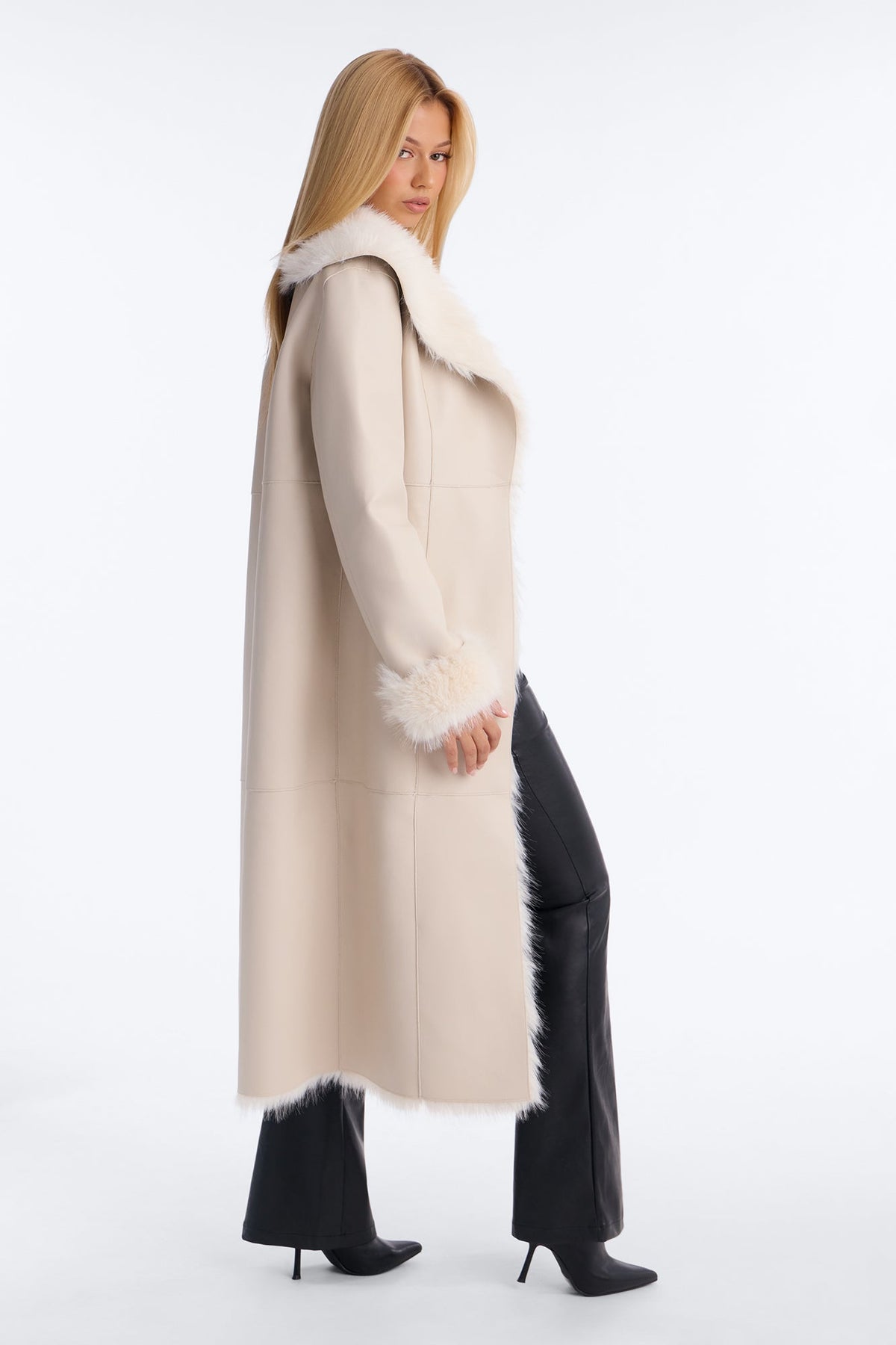 Isa Fur Lined Faux Leather Coat - Stone