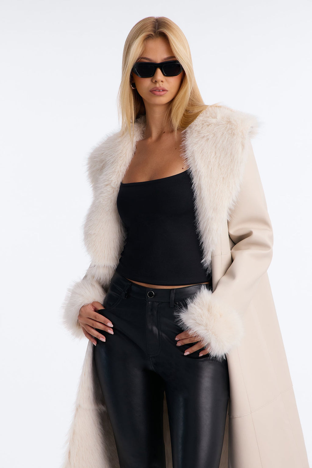 Isa Fur Lined Faux Leather Coat - Stone