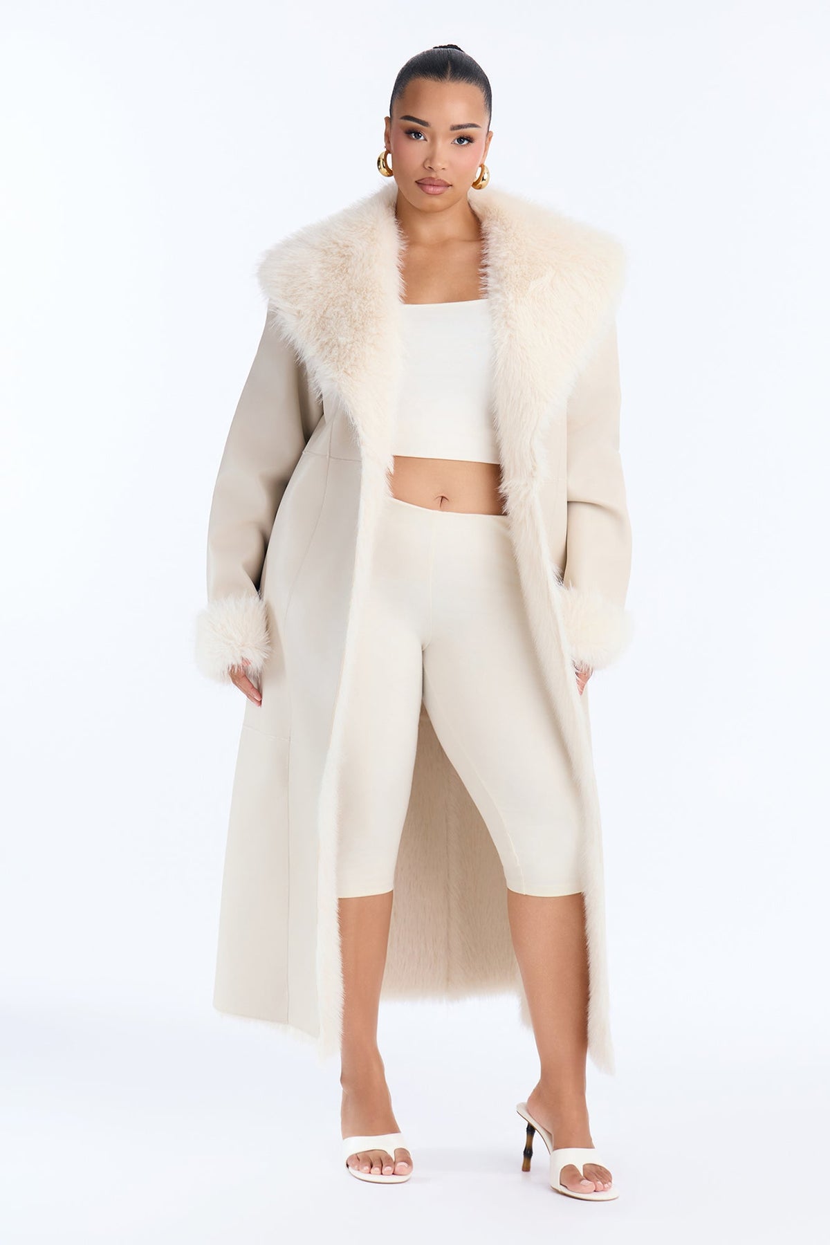 Isa Fur Lined Faux Leather Coat - Stone