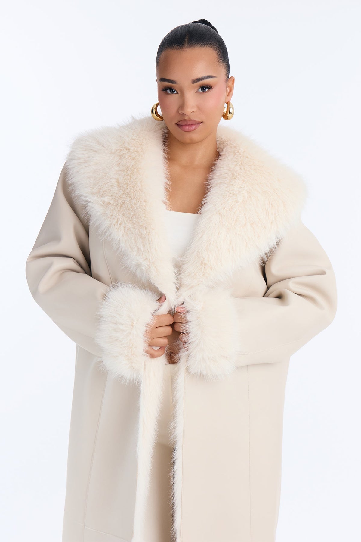 Isa Fur Lined Faux Leather Coat - Stone