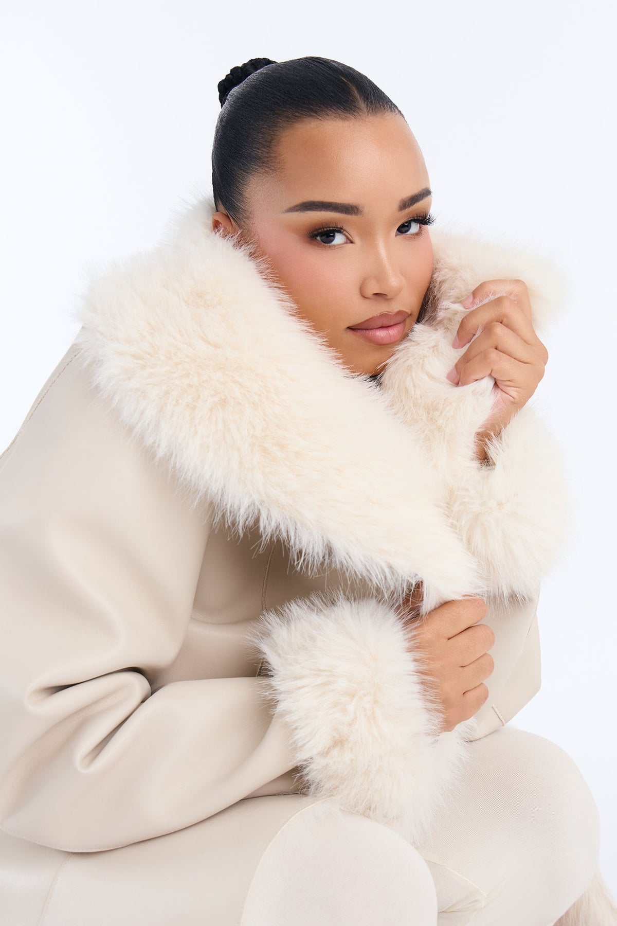 Isa Fur Lined Faux Leather Coat - Stone