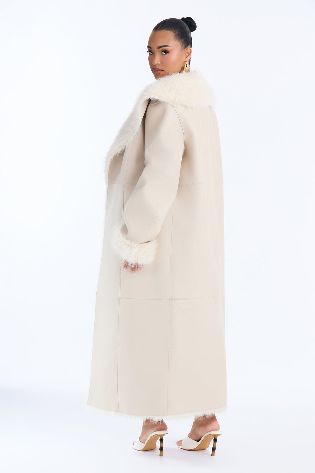 Isa Fur Lined Faux Leather Coat - Stone