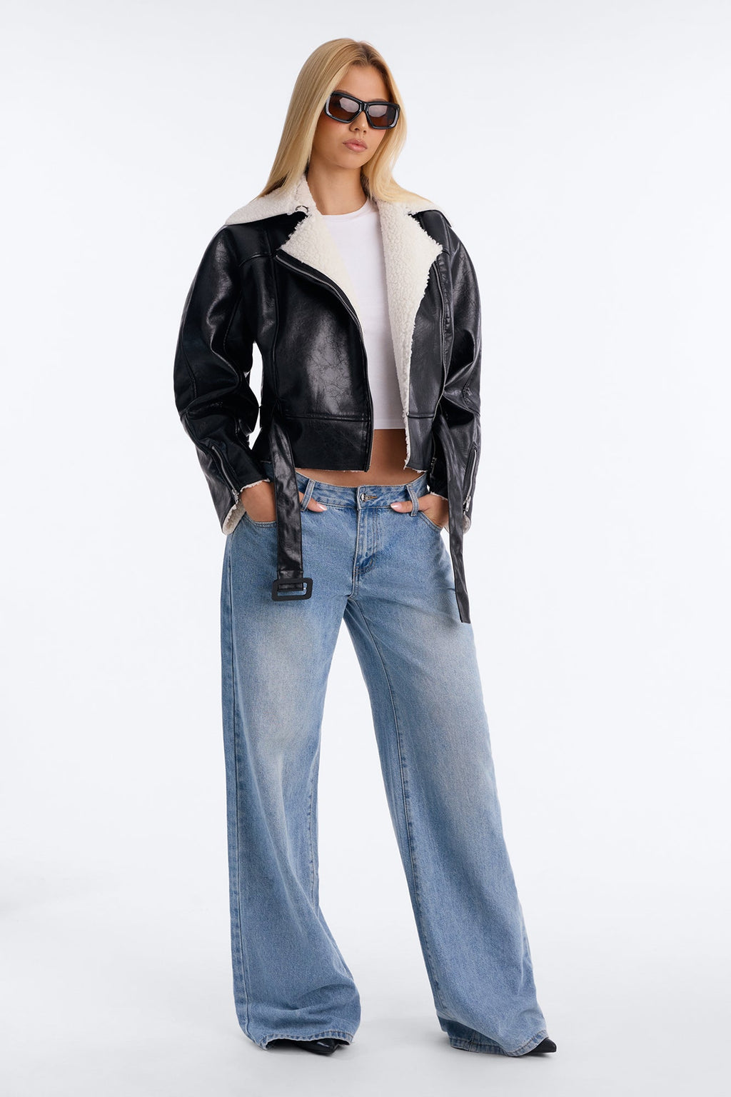 Monika Faux Leather Sherpa Lined Belted Moto Jacket - Black