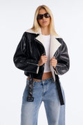 Monika Faux Leather Sherpa Lined Belted Moto Jacket - Black