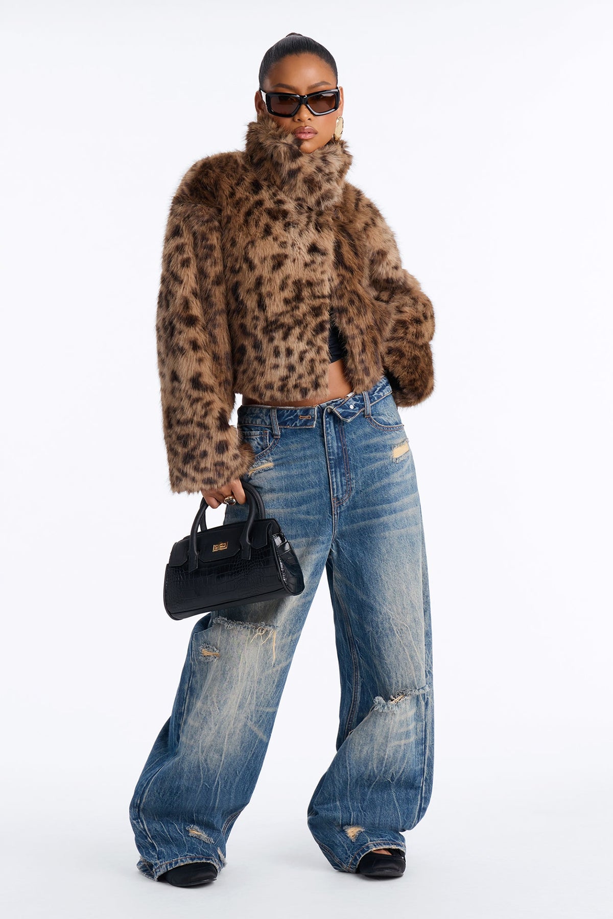 Felicity Funnel Neck Faux Fur Printed Coat - Leopard
