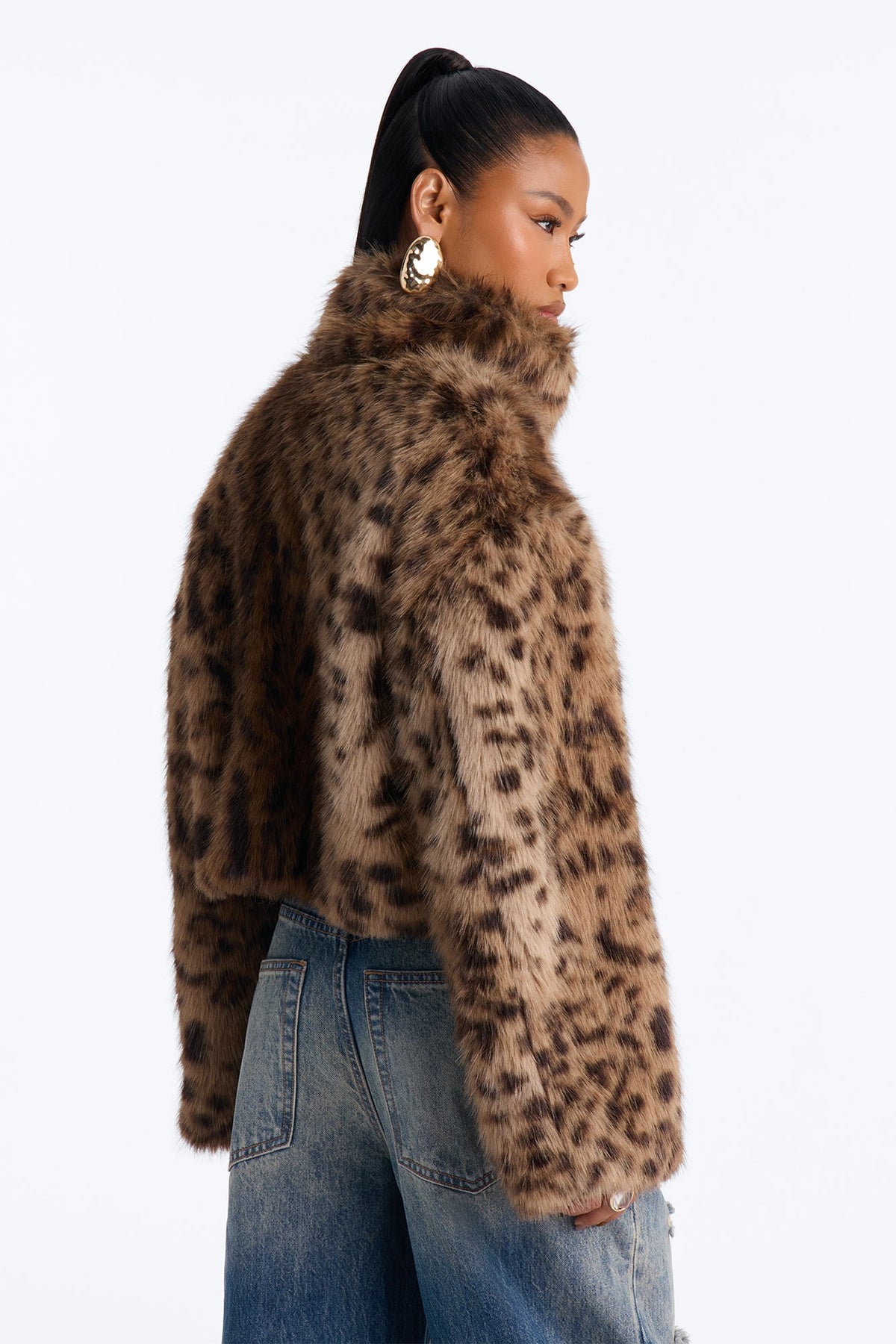 Felicity Funnel Neck Faux Fur Printed Coat - Leopard