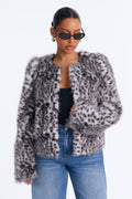 Selena Collarless Structured Faux Fur Coat - Grey/combo