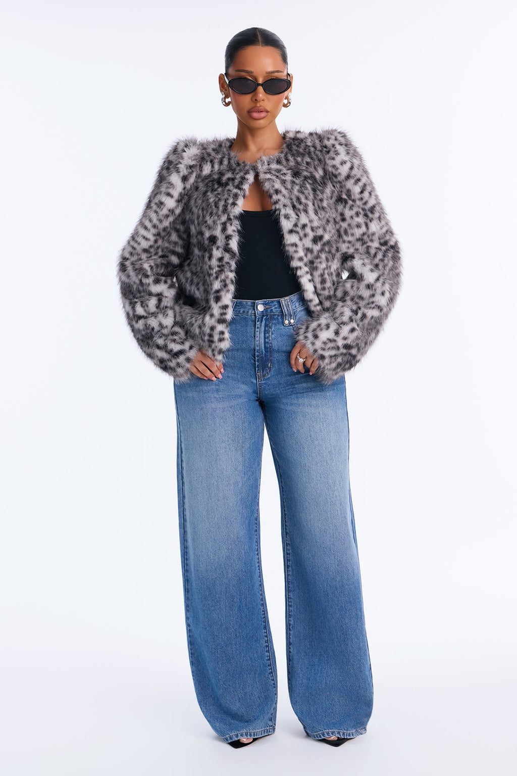 Selena Collarless Structured Faux Fur Coat - Grey/combo