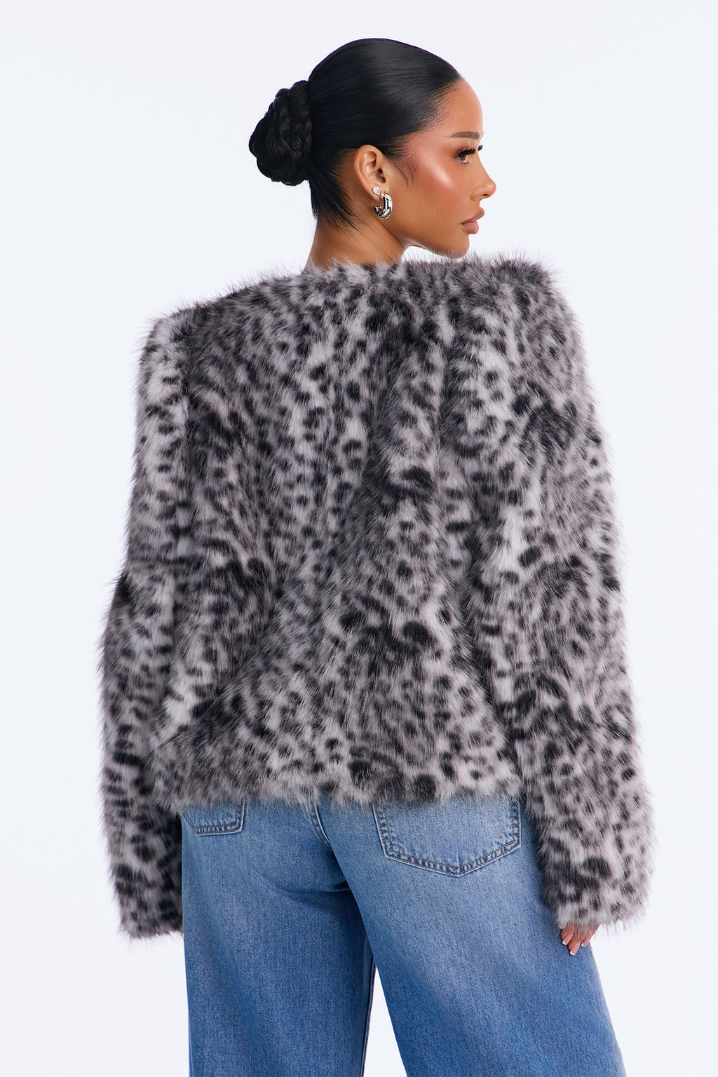 Selena Collarless Structured Faux Fur Coat - Grey/combo