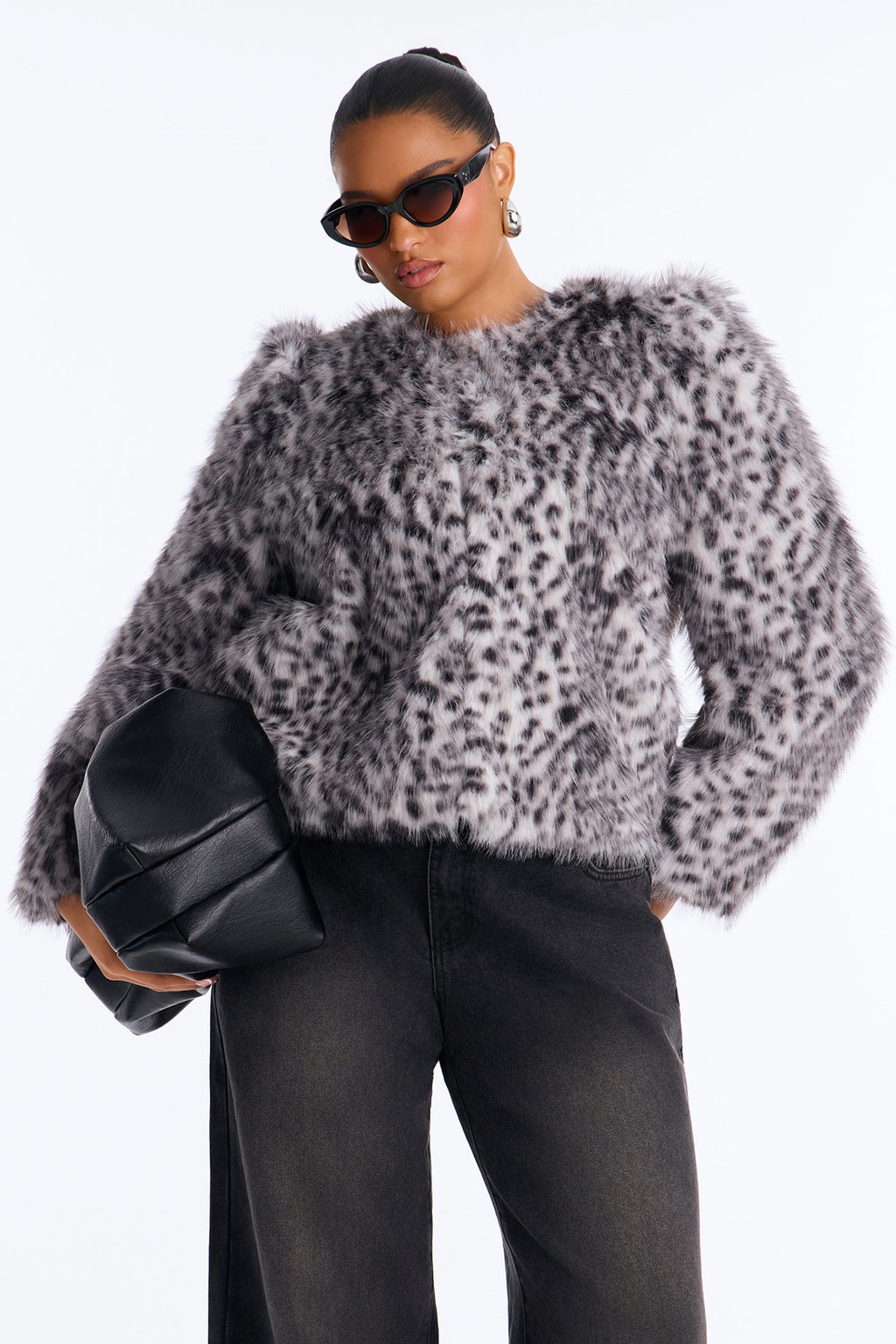 Selena Collarless Structured Faux Fur Coat - Grey/combo
