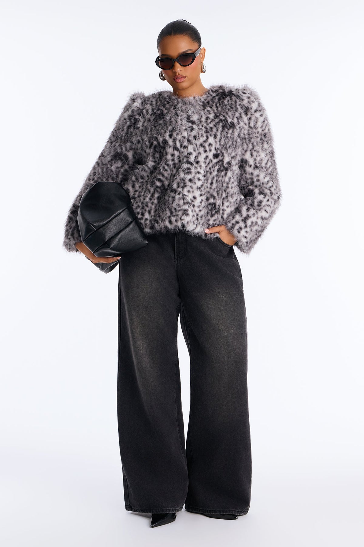 Selena Collarless Structured Faux Fur Coat - Grey/combo