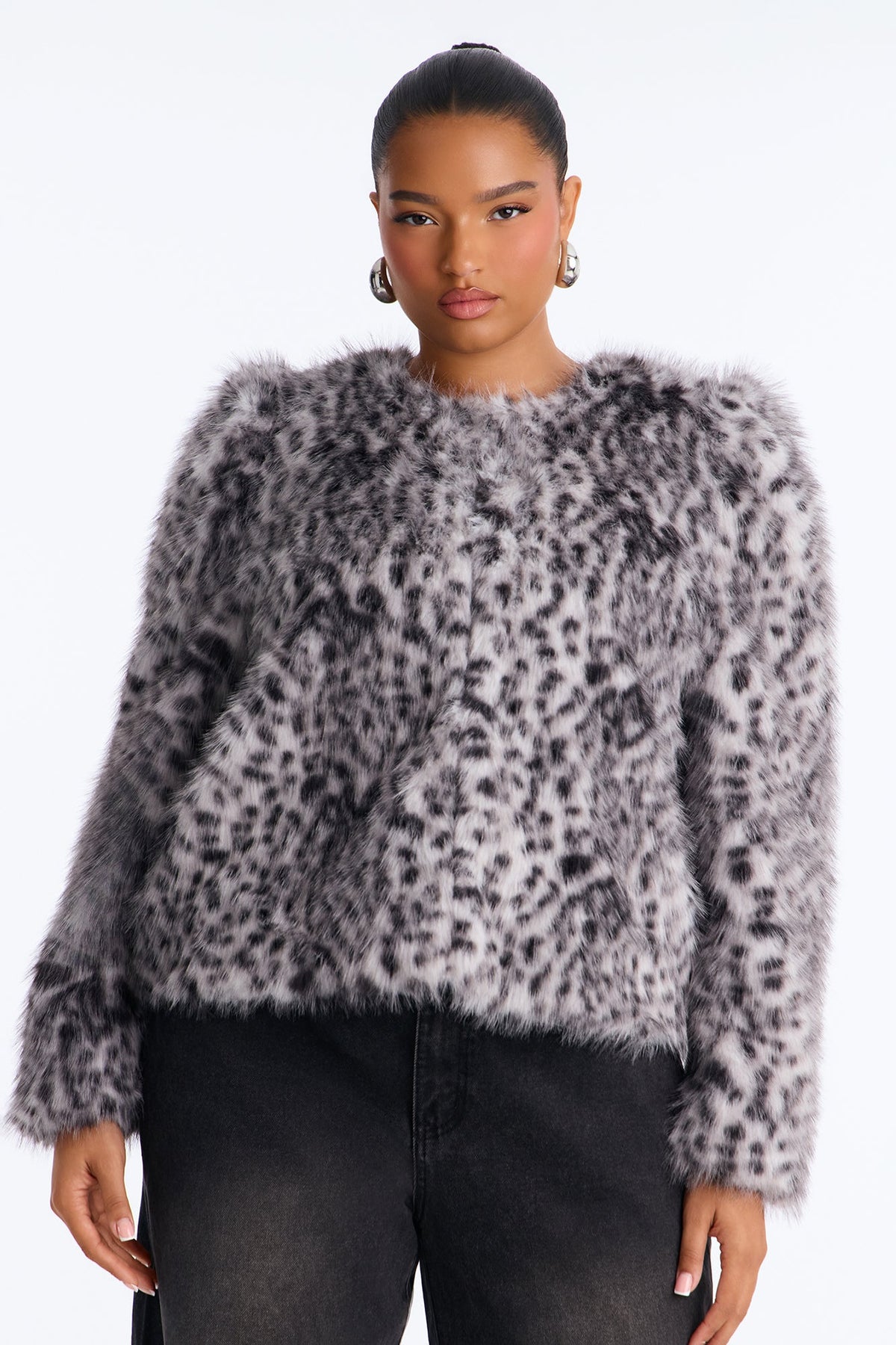 Selena Collarless Structured Faux Fur Coat - Grey/combo