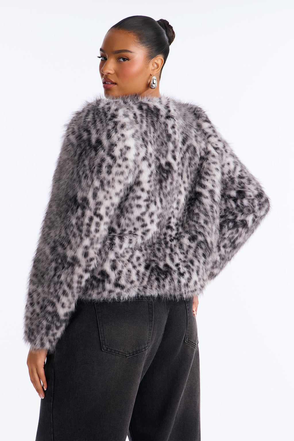 Selena Collarless Structured Faux Fur Coat - Grey/combo
