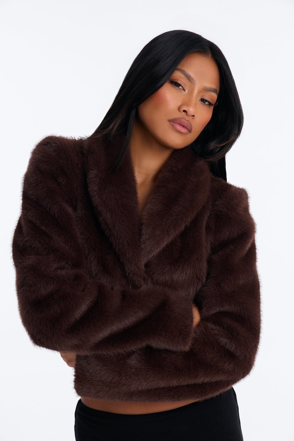 Catherine Faux Fur Stand Collar Cropped Coat - Brown