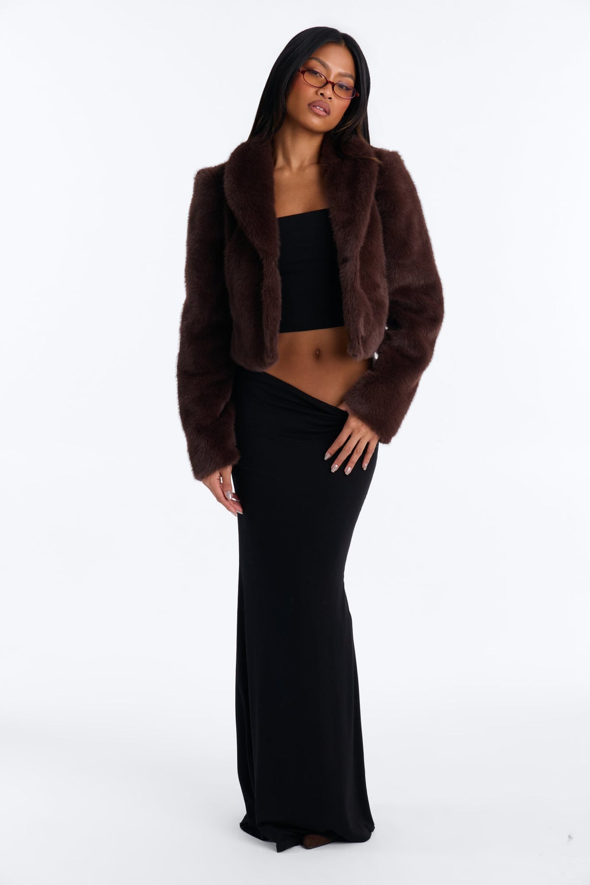 Catherine Faux Fur Stand Collar Cropped Coat - Brown