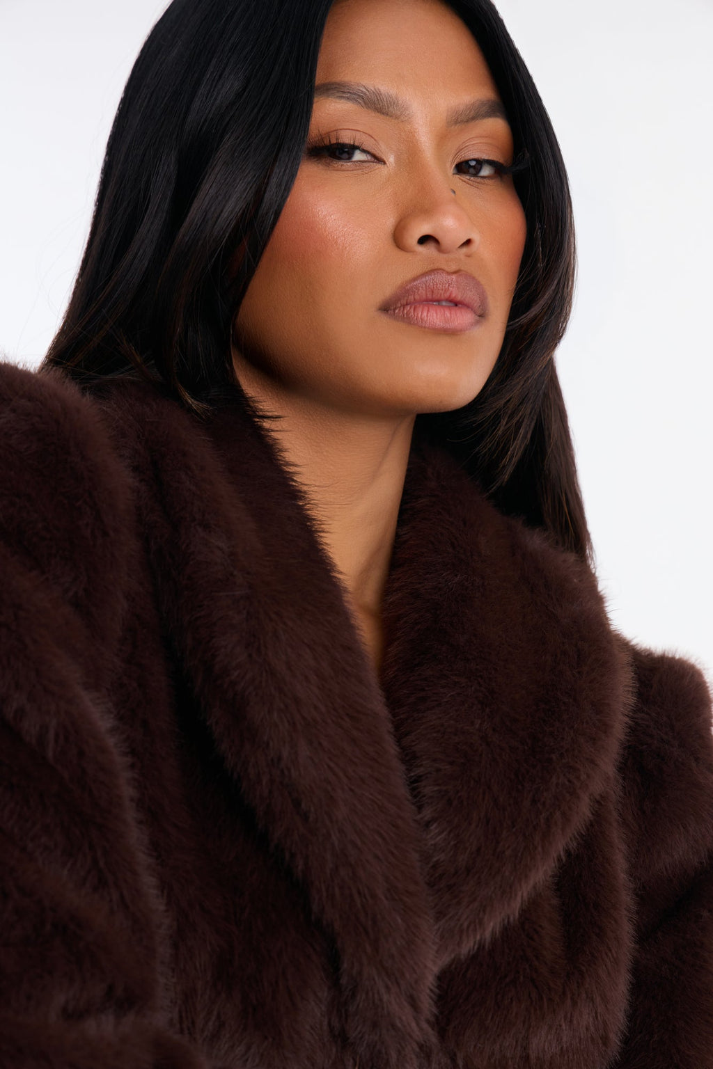 Catherine Faux Fur Stand Collar Cropped Coat - Brown