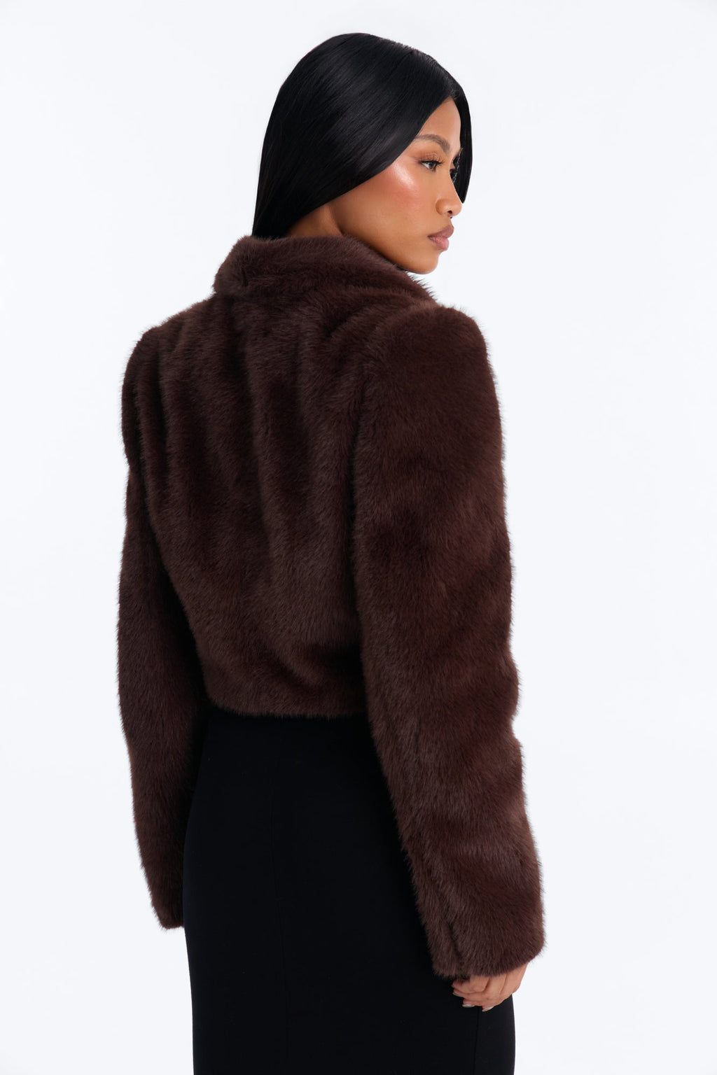 Catherine Faux Fur Stand Collar Cropped Coat - Brown