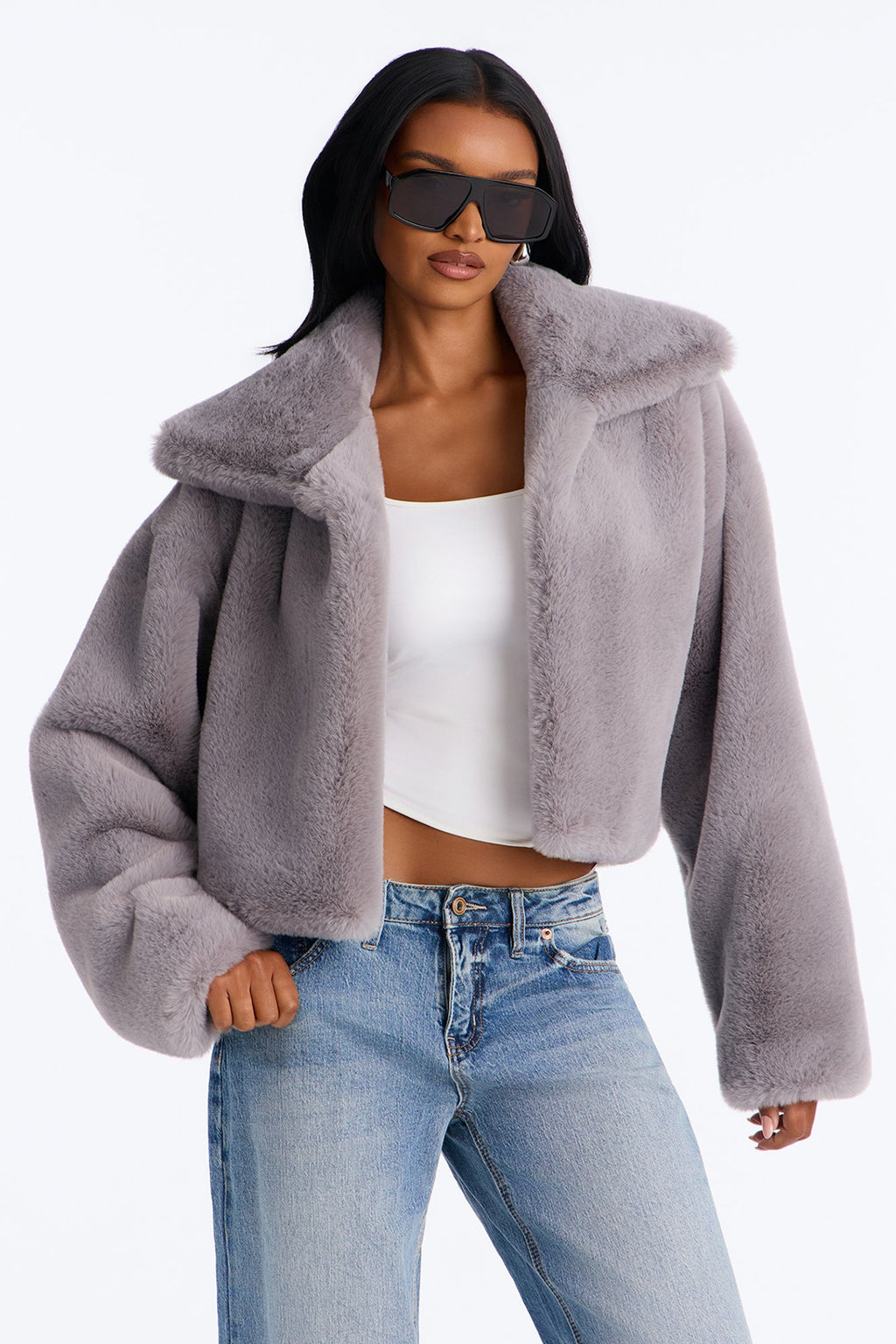 Isabella Asymmetrical Faux Fur Jacket - Light Grey