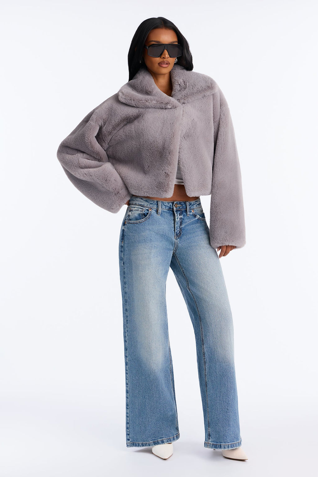 Isabella Asymmetrical Faux Fur Jacket - Light Grey