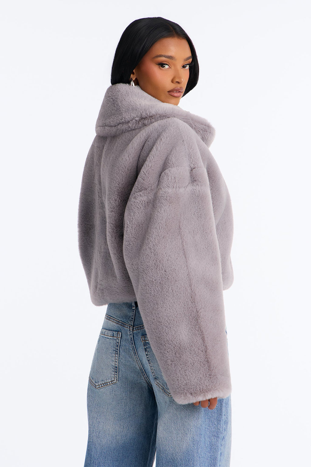 Isabella Asymmetrical Faux Fur Jacket - Light Grey