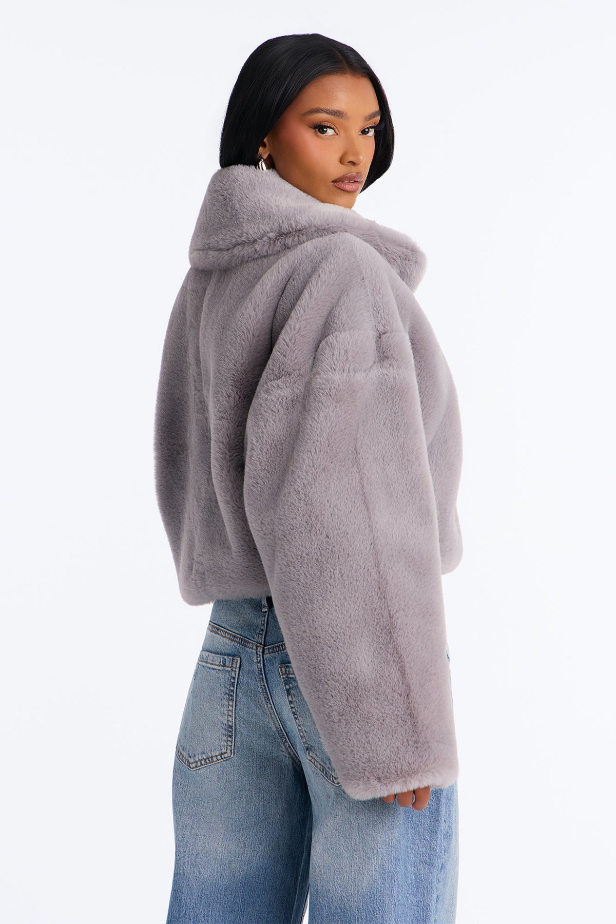 Isabella Asymmetrical Faux Fur Jacket - Light Grey
