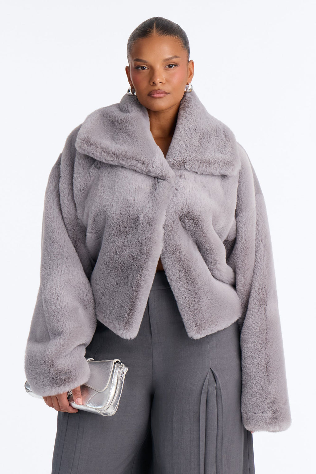 Isabella Asymmetrical Faux Fur Jacket - Light Grey
