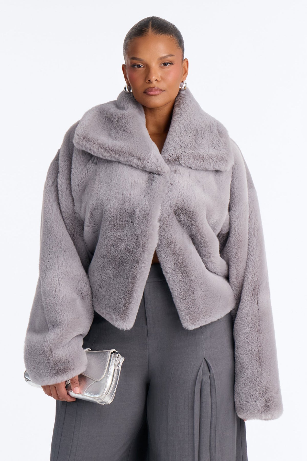 Isabella Asymmetrical Faux Fur Jacket - Light Grey