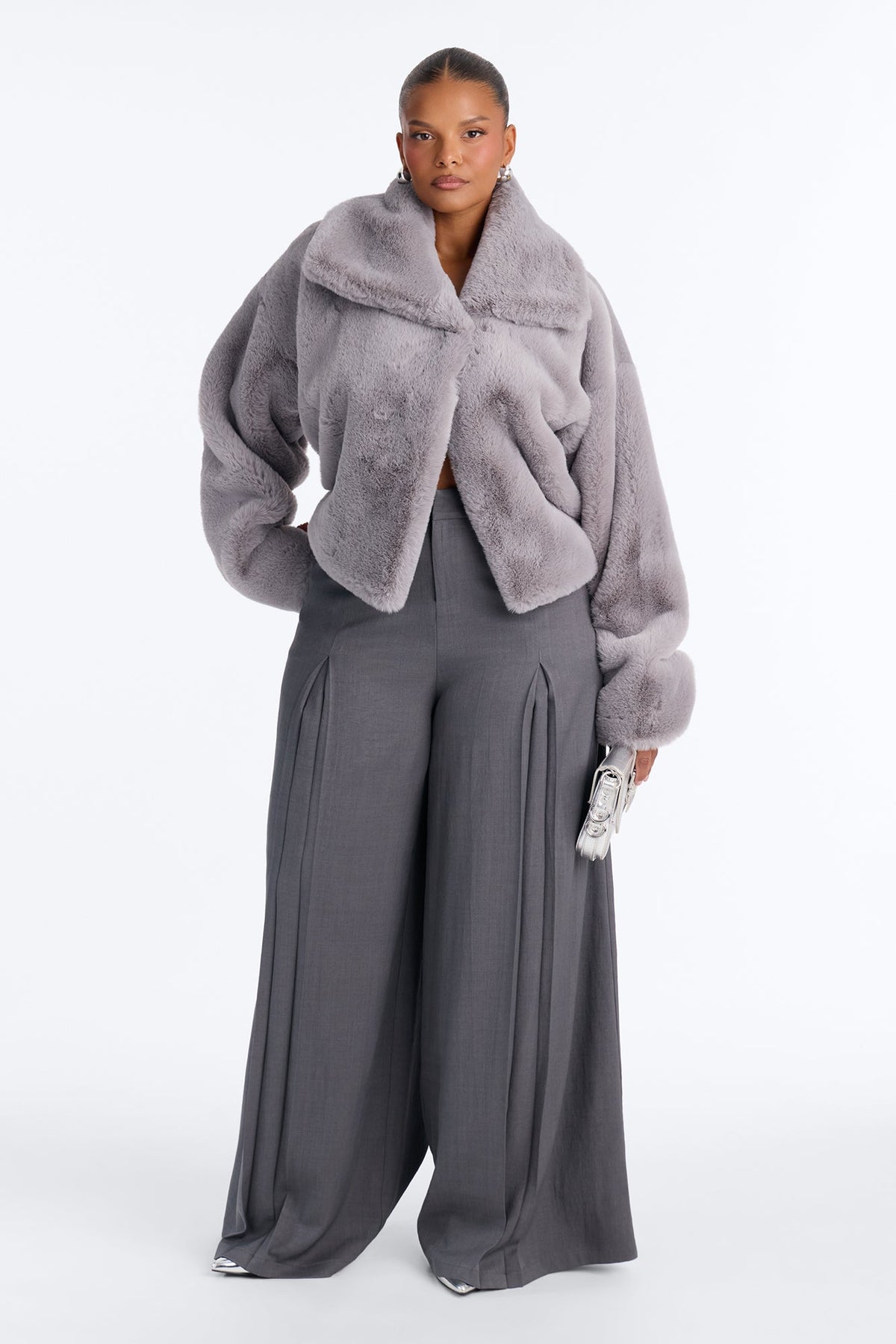Isabella Asymmetrical Faux Fur Jacket - Light Grey