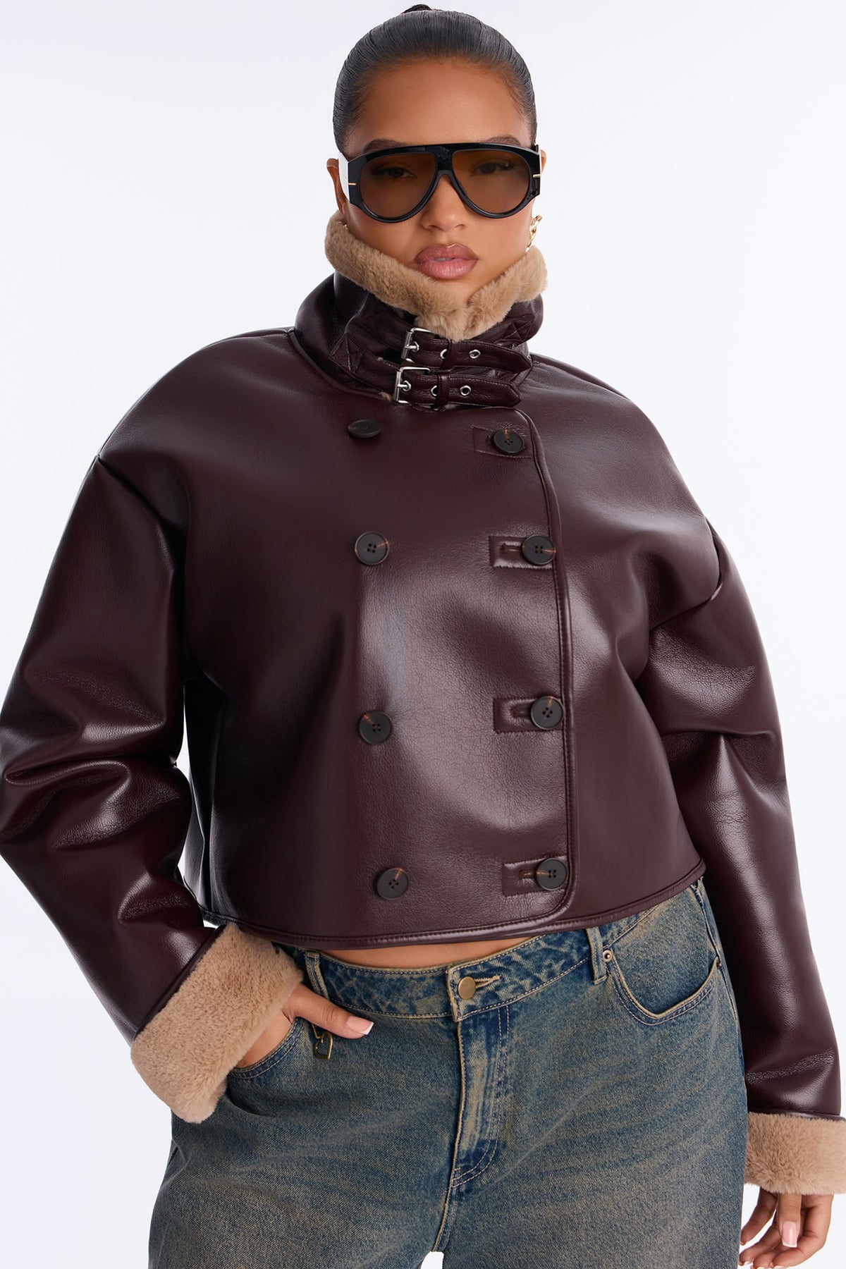 Keep It Cozy Fur Lined Funnel Neck Jacket - Chocolate