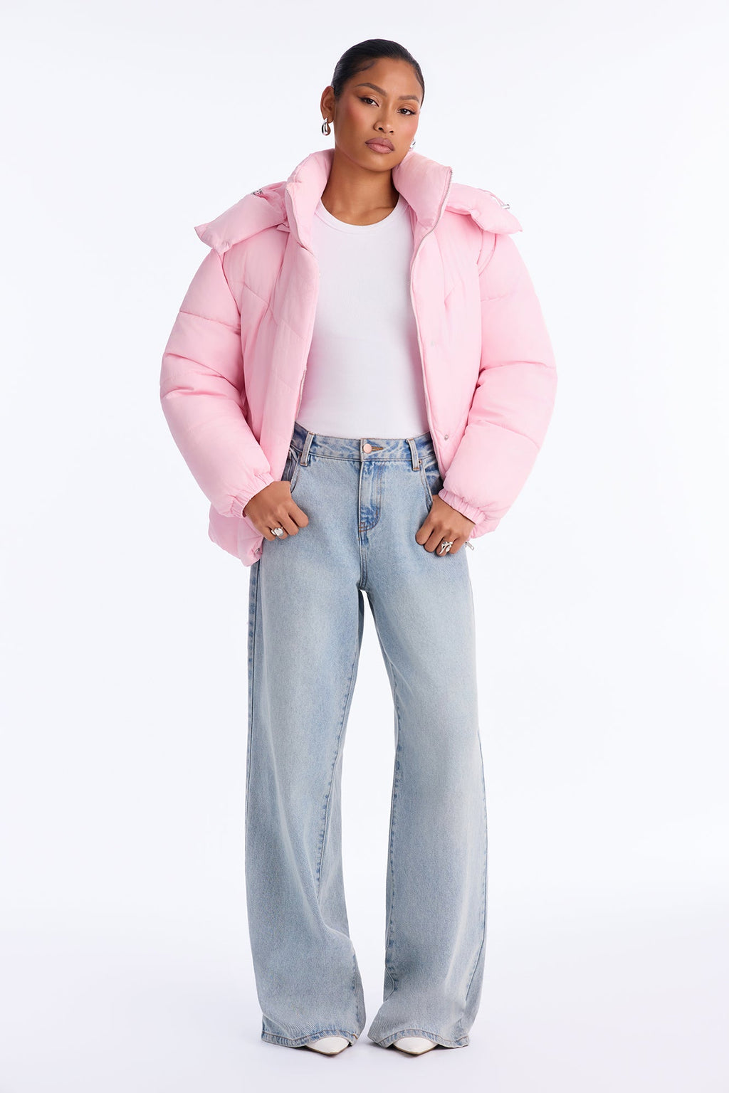 Winter Ready Nylon Blend Removable Hooded Puffer Jacket - Light Pink