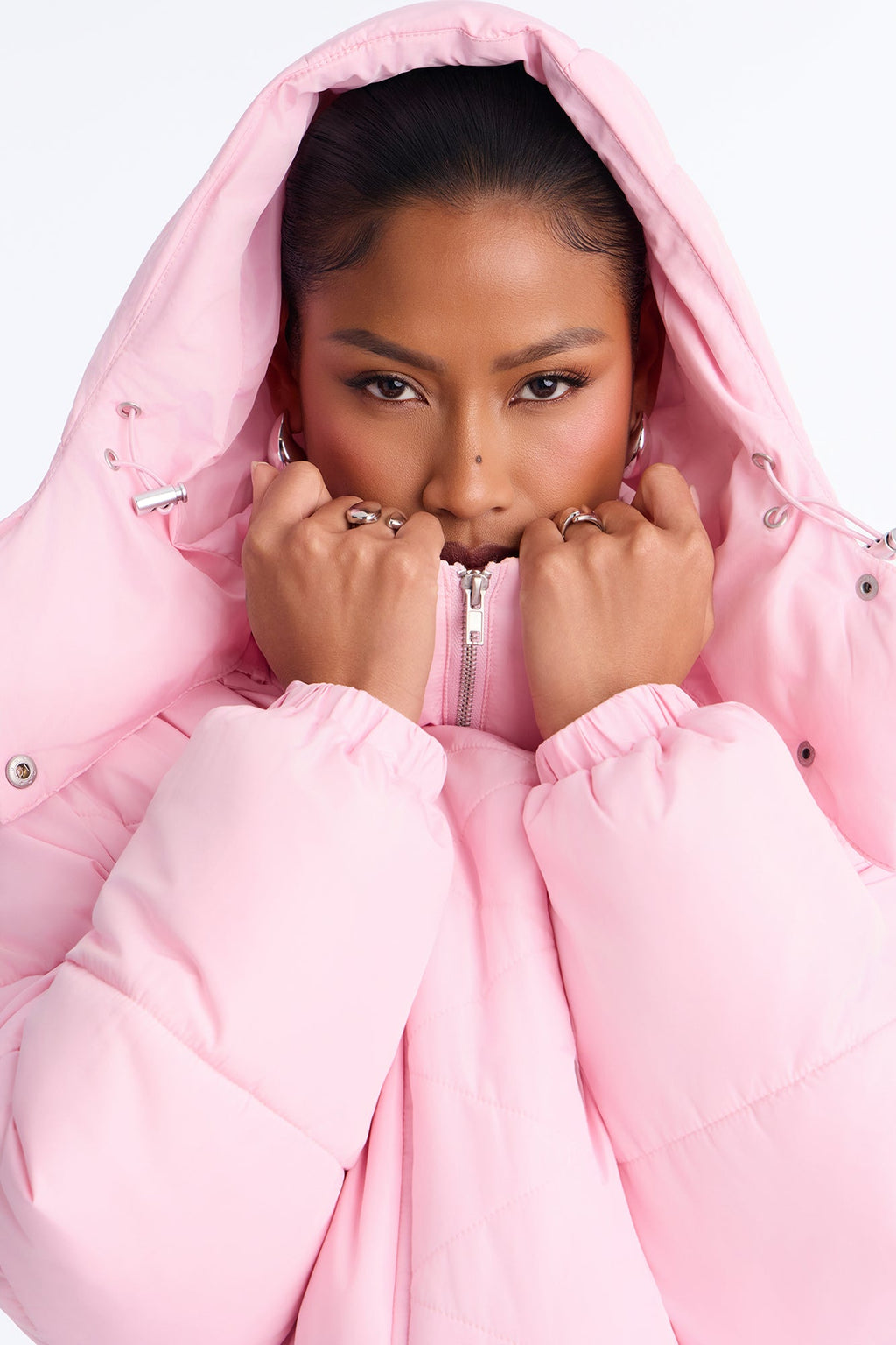 Winter Ready Nylon Blend Removable Hooded Puffer Jacket - Light Pink