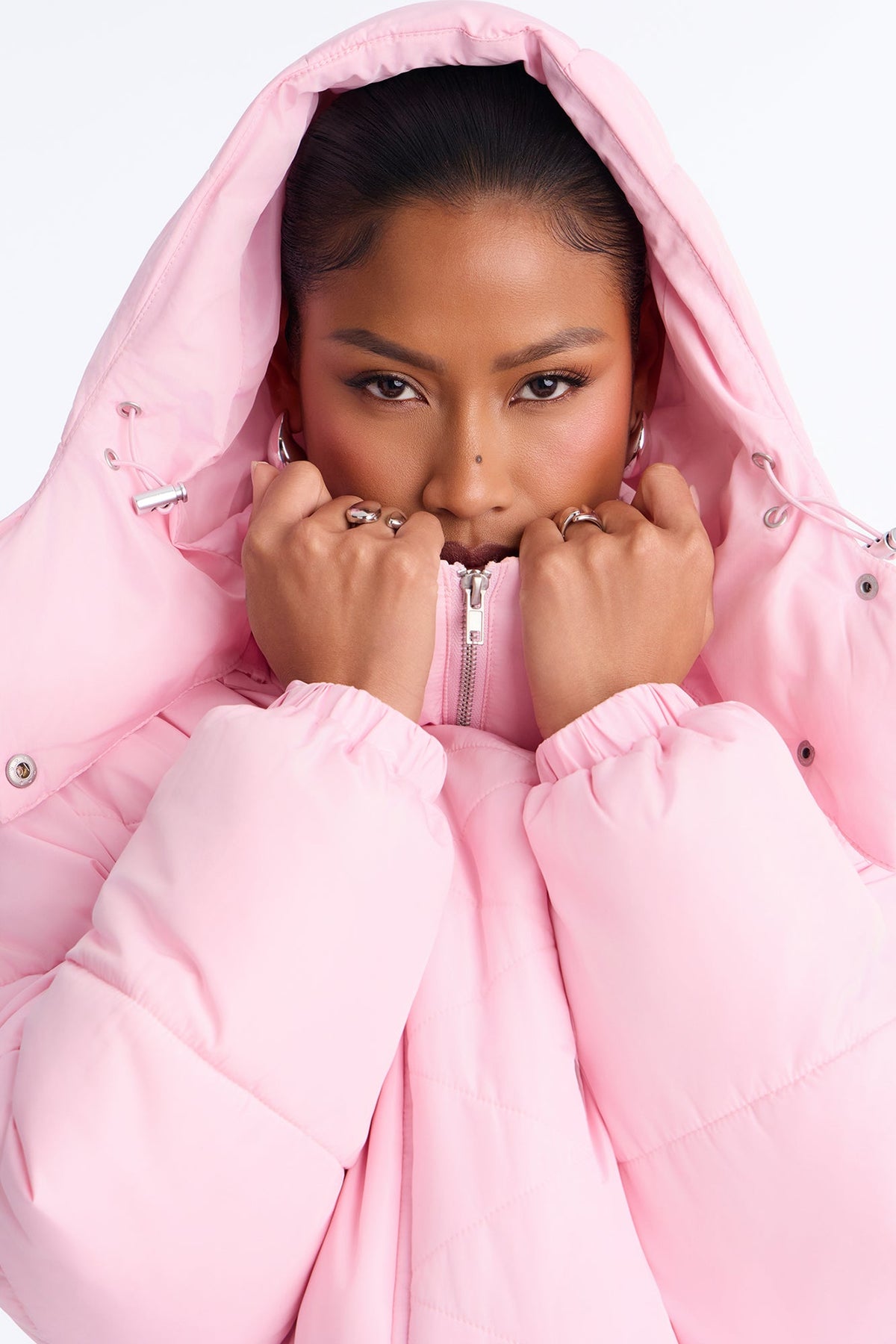 Winter Ready Nylon Blend Removable Hooded Puffer Jacket - Light Pink