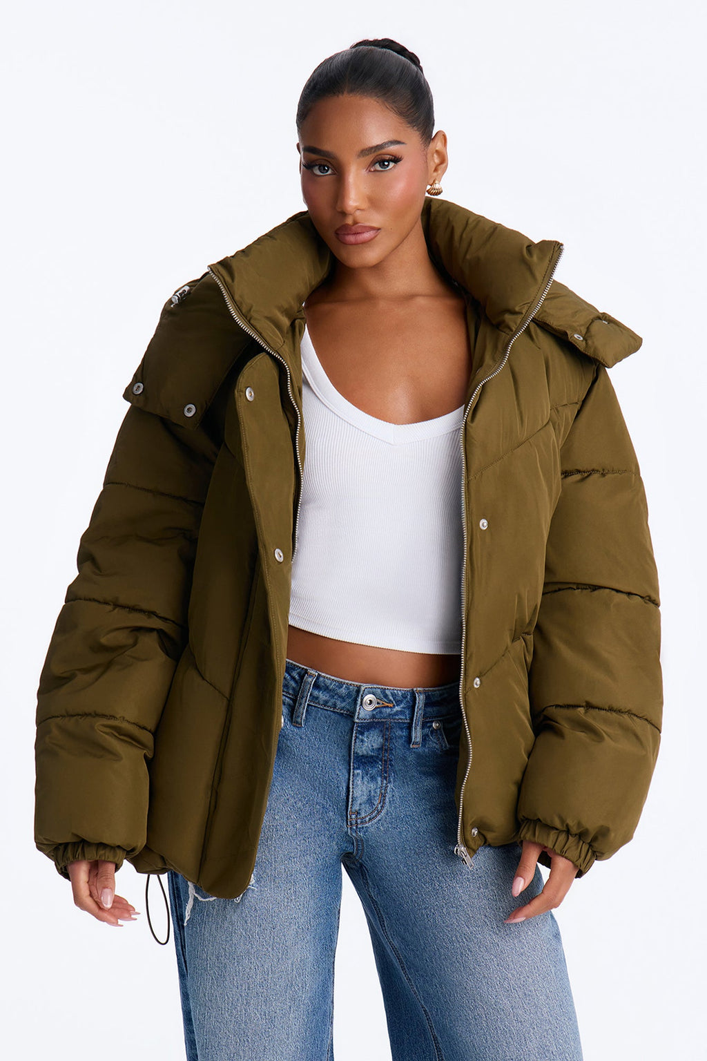 Winter Ready Nylon Blend Removable Hooded Puffer Jacket - Olive