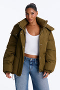 Winter Ready Nylon Blend Removable Hooded Puffer Jacket - Olive