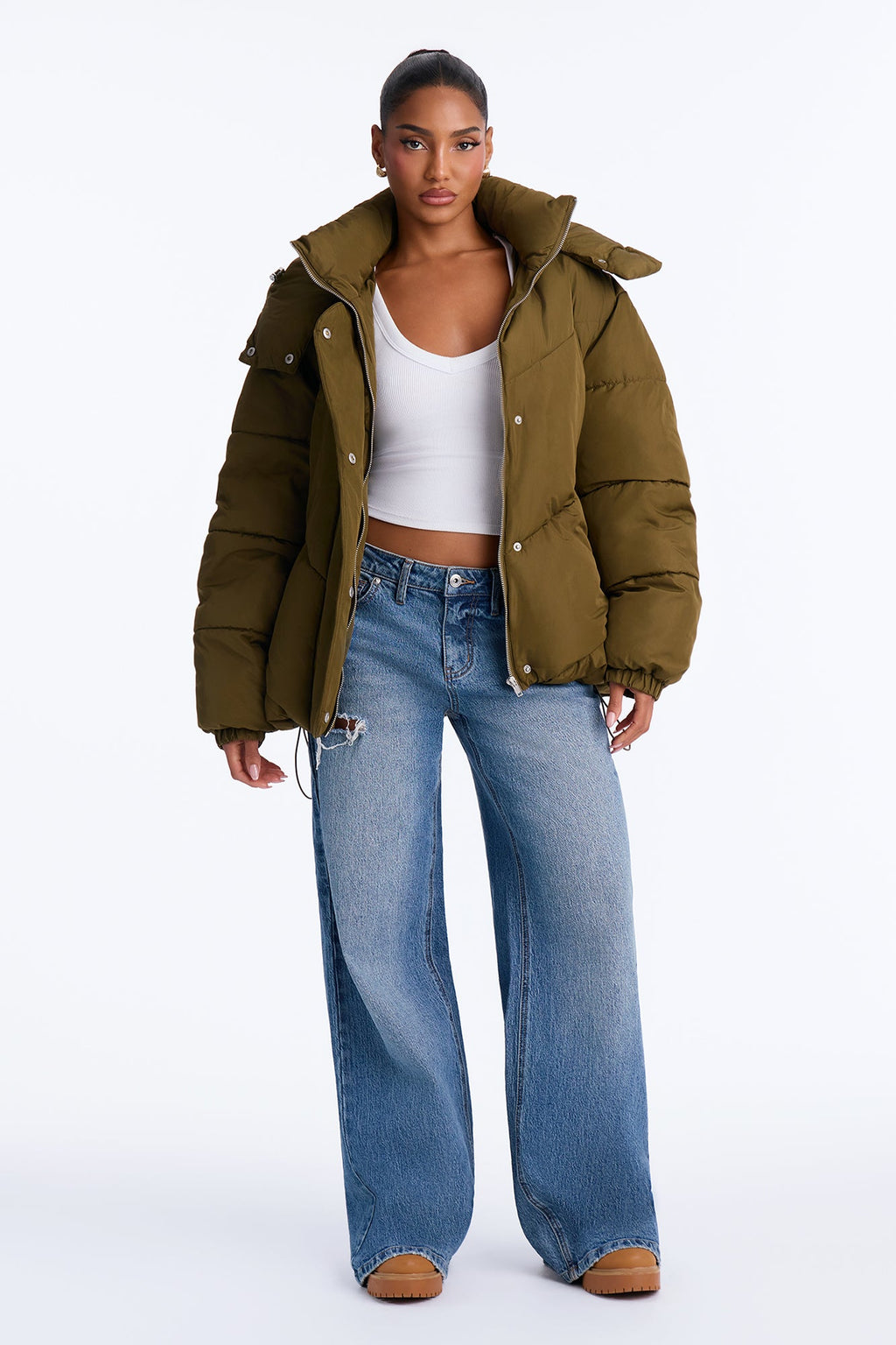 Winter Ready Nylon Blend Removable Hooded Puffer Jacket - Olive