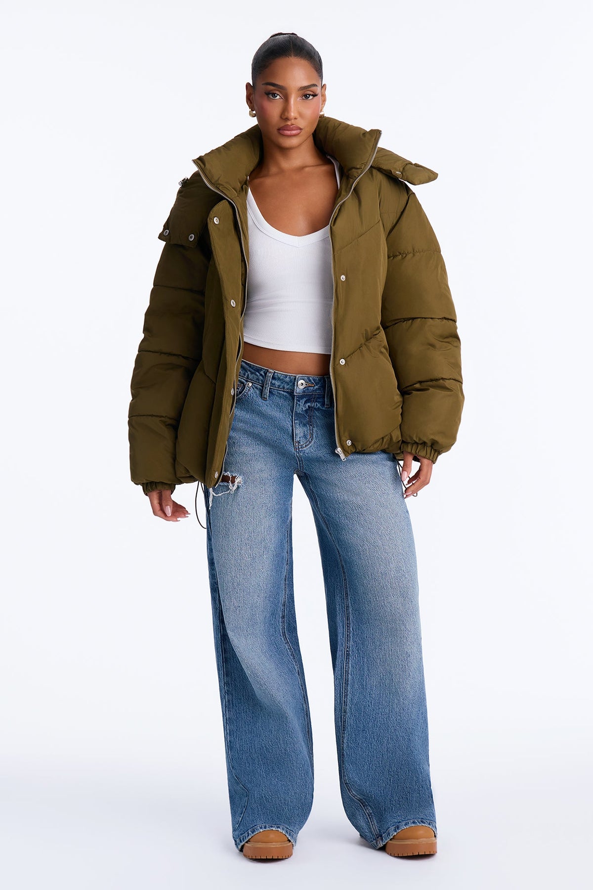 Winter Ready Nylon Blend Removable Hooded Puffer Jacket - Olive