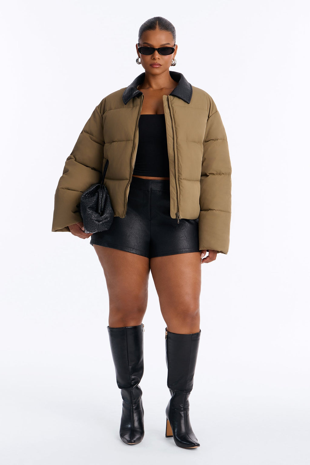 Staying Chic Contrast Collar Elastic Hem Puffer - Olive/combo