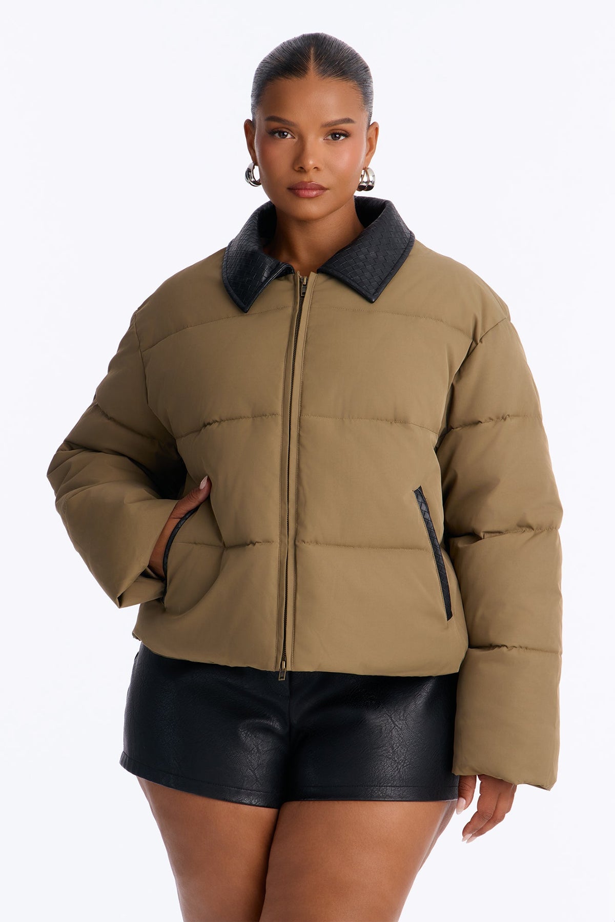 Staying Chic Contrast Collar Elastic Hem Puffer - Olive/combo